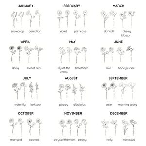May include: A black and white chart displaying twelve months from January to December, each featuring two distinct line-art flower illustrations with their corresponding names: snowdrop, carnation, violet, primrose, daffodil, cherry blossom, daisy, sweet pea, lily of the valley, hawthorn, rose, honeysuckle, waterlily, larkspur, poppy, gladiolus, aster, morning glory, marigold, cosmos, chrysanthemum, peony, holly, and narcissus.