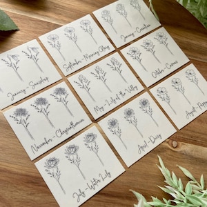 May include: A collection of white rectangular cards featuring black line art illustrations of birth flowers. Each card displays three floral sketches and text identifying the month and flower name, including January-Snowdrop, May-Lily of the Valley, and November-Chrysanthemum.