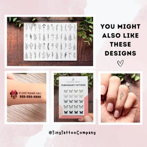 Puede incluir: Una colecci&oacute;n de hojas de tatuajes temporales con dise&ntilde;os de l&iacute;neas negras de varias ramitas bot&aacute;nicas, un personaje de Minnie Mouse con el texto IF LOST, PLEASE CALL: 555-555-5555, una cuadr&iacute;cula de mariposas y una peque&ntilde;a cruz en un dedo.
