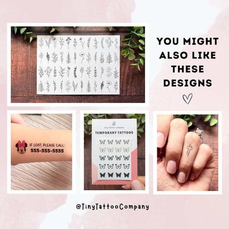 Puede incluir: Una colecci&oacute;n de hojas de tatuajes temporales con dise&ntilde;os de l&iacute;neas negras de varias ramitas bot&aacute;nicas, un personaje de Minnie Mouse con el texto IF LOST, PLEASE CALL: 555-555-5555, una cuadr&iacute;cula de mariposas y una peque&ntilde;a cruz en un dedo.