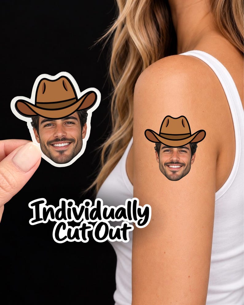 Puede incluir: Un tatuaje temporal y una pegatina con el retrato realista de una persona sonriente con un sombrero de vaquero marr&oacute;n. El dise&ntilde;o est&aacute; recortado individualmente con un borde blanco. El texto "Individually Cut Out" aparece en una fuente blanca.