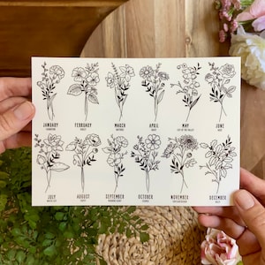 Puede incluir: Una l&aacute;mina rectangular blanca con doce ilustraciones florales en l&iacute;nea negra, cada una representando un mes del a&ntilde;o. El texto incluye los nombres de los meses de enero a diciembre y sus correspondientes flores de nacimiento.