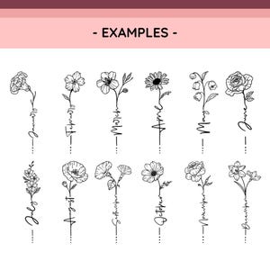 May include: A collection of twelve black and white line art illustrations of flowers, each paired with the name of a month from January to December in cursive script. The floral designs are arranged in two rows, featuring distinct botanical drawings.