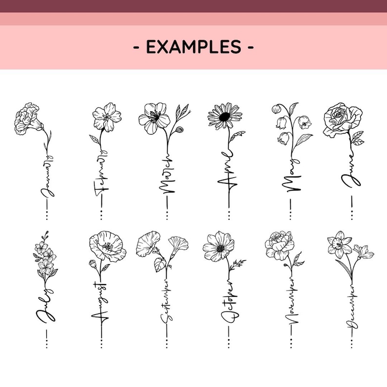 May include: A collection of twelve black and white line art illustrations of flowers, each paired with the name of a month from January to December in cursive script. The floral designs are arranged in two rows, featuring distinct botanical drawings.