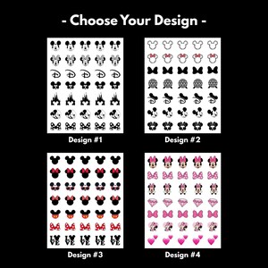 May include: Four sheets of nail art decals featuring various character silhouettes, bows, castles, and geometric shapes. The text "Choose Your Design" appears at the top, with labels "Design #1", "Design #2", "Design #3", and "Design #4" below each sheet.