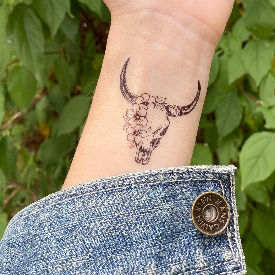 Floral Bull Skull Temporary Tattoos | Western Tattoo | Cowgirl Tattoo ...