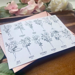 Puede incluir: Una impresi&oacute;n rectangular blanca con doce dibujos de l&iacute;neas en tinta negra de flores de nacimiento. Cada ilustraci&oacute;n floral est&aacute; etiquetada con el mes y el nombre de la flor correspondientes, incluyendo enero clavel, febrero violeta, marzo narciso, abril margarita, mayo lirio de los valles, junio rosa, julio nen&uacute;far, agosto amapola, septiembre gloria de la ma&ntilde;ana, octubre cosmos, noviembre crisantemo y diciembre.