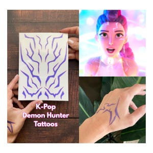 May include: A sheet of K-Pop Demon Hunter Tattoos with a purple tribal design is held by hands. The tattoos are also shown applied to a hand. A digital illustration of a woman is also shown.