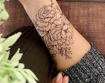 Peony Sleeve Temporary Tattoo | Flower Tattoo | Birth Flower | Sleeve Tattoo | Shoulder Tattoo | Thigh Tattoo | Temporary Tattoo Women
