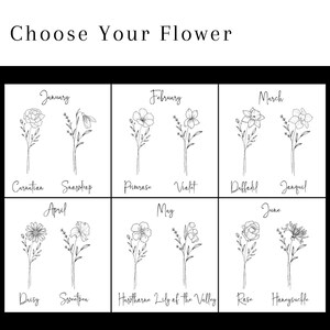 May include: A black and white graphic chart titled Choose Your Flower, featuring line art illustrations of birth flowers for January through June. Each month displays two distinct floral sketches with their corresponding names written below.