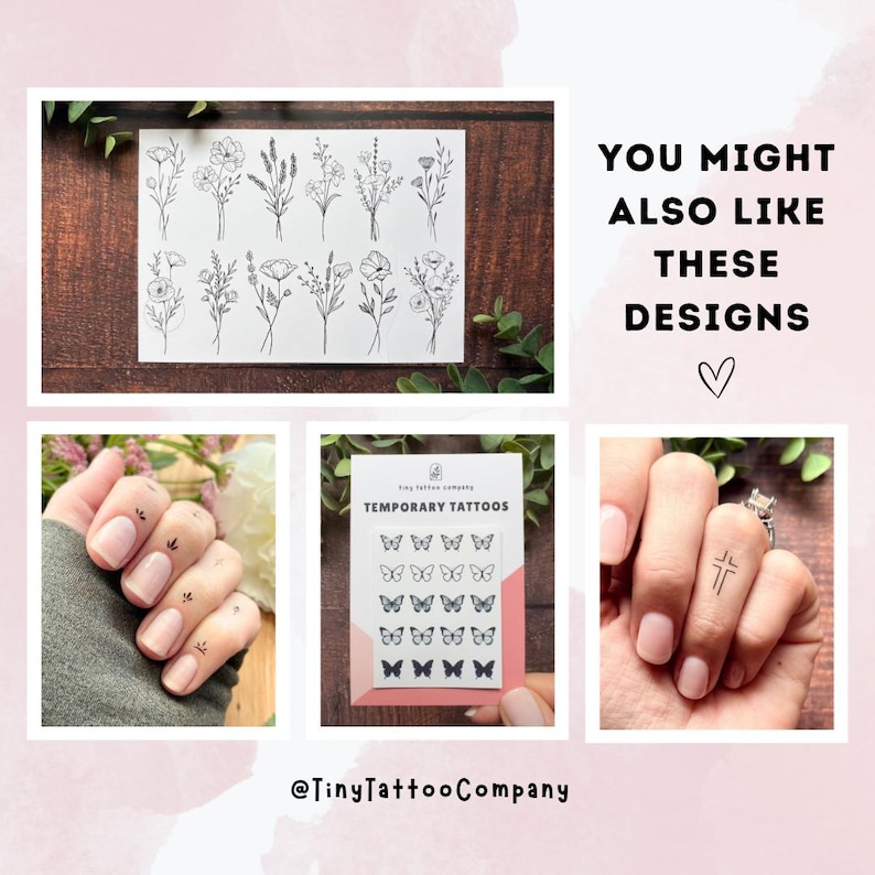 Puede incluir: Una colecci&oacute;n de hojas de tatuajes temporales con dise&ntilde;os de l&iacute;neas negras de flores silvestres, mariposas y una cruz. El texto dice "YOU MIGHT ALSO LIKE THESE DESIGNS", "TEMPORARY TATTOOS" y el usuario "@TinyTattooCompany".
