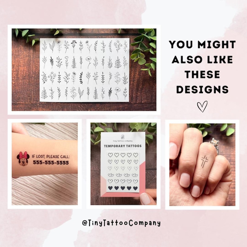 May include: A collection of temporary tattoos featuring a sheet of black botanical line art, a Minnie Mouse design with the text IF LOST, PLEASE CALL: 555-555-5555, a sheet of heart icons labeled TEMPORARY TATTOOS, and a small black cross tattoo on a finger.