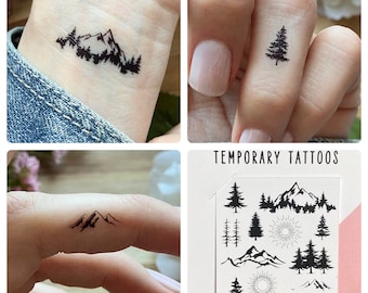 Mountain & Trees Temporary Tattoos | Set of 13 | Sun Tattoo | Minimalist Tattoo | Finger Tattoos | Wrist Tattoo | Dainty Tattoos