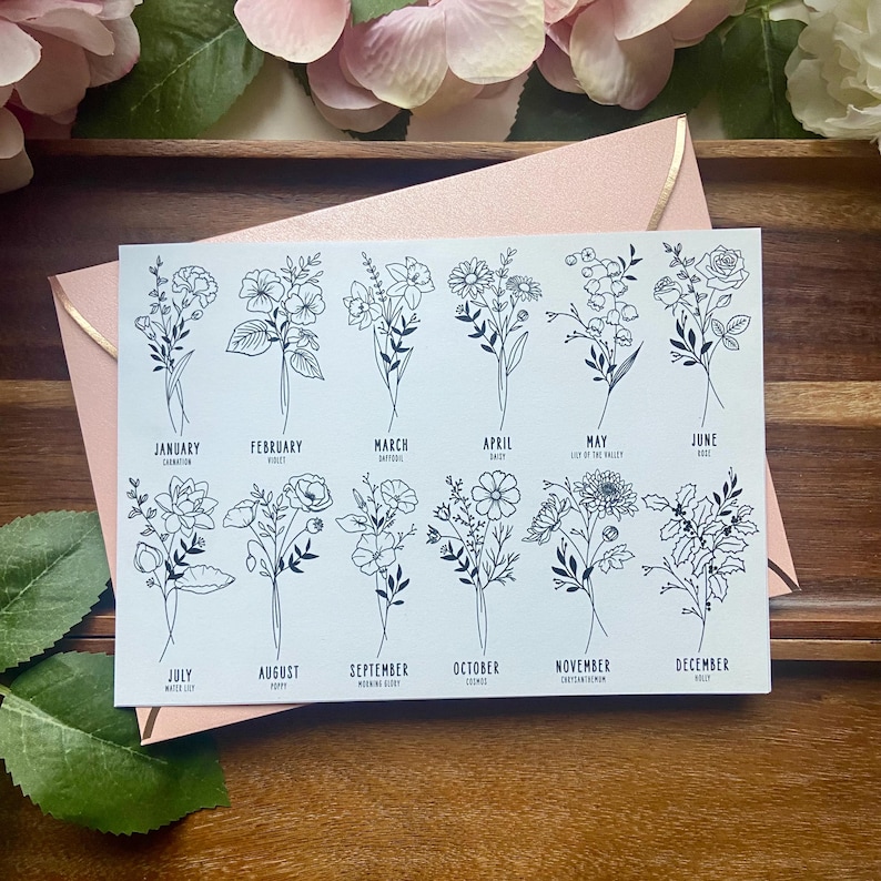 Puede incluir: Una tarjeta rectangular blanca con doce ilustraciones florales de l&iacute;neas negras, cada una representando un mes del a&ntilde;o. El texto incluye los nombres de los meses de enero a diciembre, junto a sus flores de nacimiento como clavel, violeta, narciso, margarita, lirio de los valles, rosa, nen&uacute;far, amapola, gloria de la ma&ntilde;ana, cosmos, crisantemo y acebo.