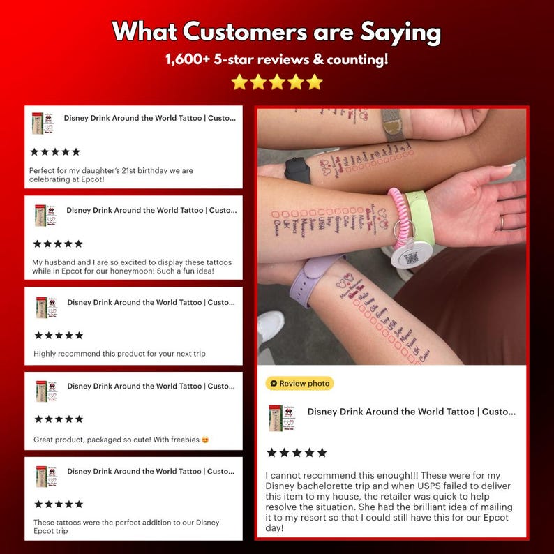 May include: A temporary tattoo featuring a vertical checklist of countries including Mexico, China, Germany, Italy, USA, Japan, Morocco, France, Canada, Norway, and UK, with small Mickey Mouse ear icons and empty checkboxes for marking off drinks.
