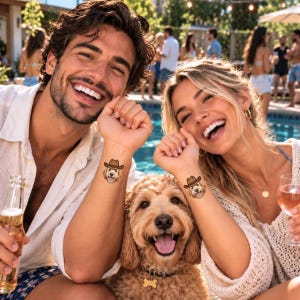 Puede incluir: Dos tatuajes temporales que muestran a un perro de color dorado con un sombrero de vaquero marr&oacute;n, aplicados en las mu&ntilde;ecas. El dise&ntilde;o presenta una ilustraci&oacute;n detallada de la cara de un perro con expresi&oacute;n sonriente y un sombrero en la cabeza.