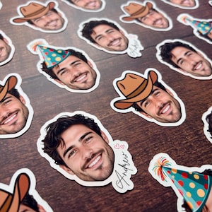 Puede incluir: Una colecci&oacute;n de pegatinas troqueladas que muestran el rostro de una persona sonriente. Algunas pegatinas muestran el rostro con un sombrero de vaquero marr&oacute;n, mientras que otras presentan un sombrero de fiesta azul verdoso con lunares rojos y amarillos.
