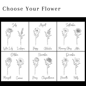 May include: A black and white chart titled Choose Your Flower featuring line art illustrations of birth flowers for July through December. Each month displays two distinct floral sketches with their corresponding names written in script below.