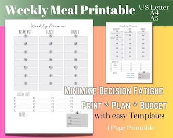 Meal Planner Printable, Weekly Meal Planner, Menu Planner, Grocery List, Digital Download, Food Journal, Shopping List, Meal Tracker, Save