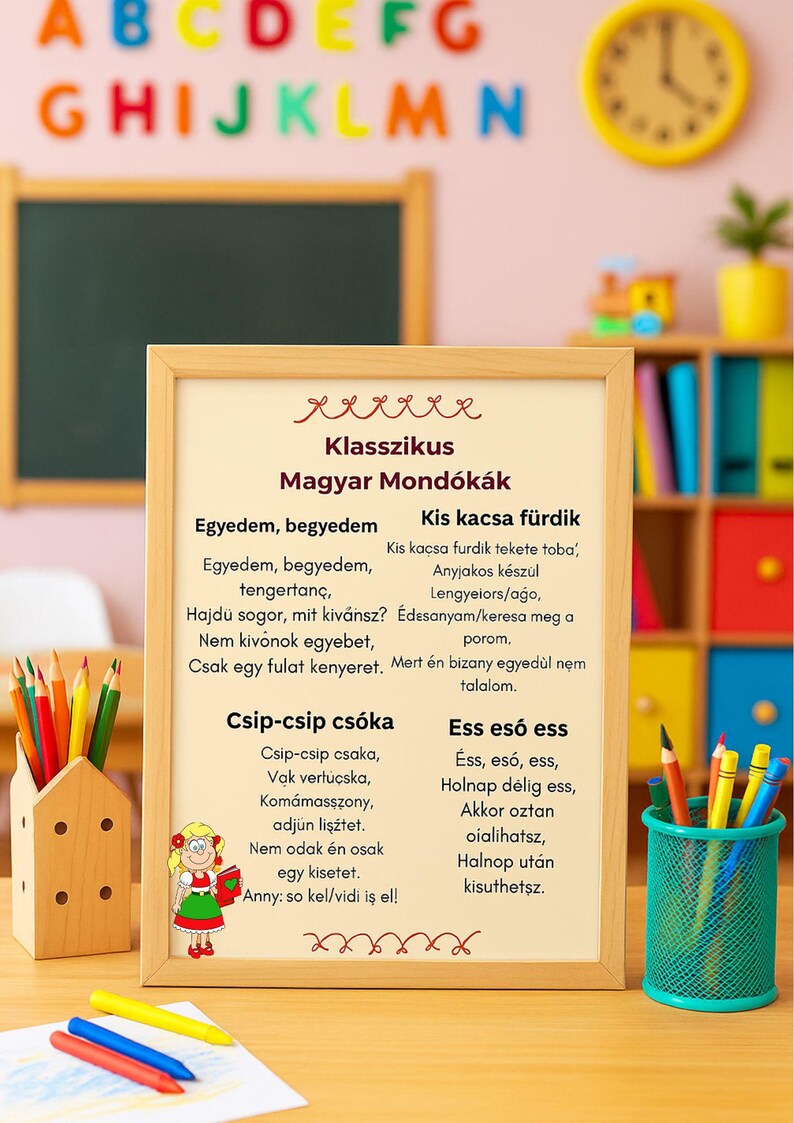 May include: A framed sign with Hungarian nursery rhymes and a cartoon illustration. The sign is surrounded by colorful pencils, a small house-shaped pencil holder, and a green pencil cup. A chalkboard and alphabet letters are in the background.