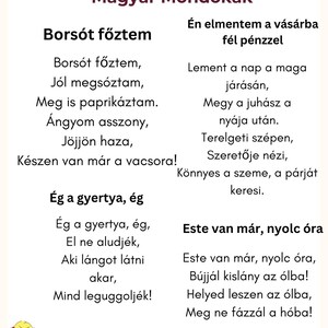 May include: A children's book page with Hungarian nursery rhymes. The text is in black, with titles in a larger font. A small illustration of a girl holding a book is in the bottom left corner. The number 25 is in the bottom center.