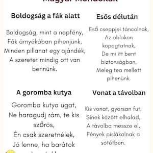 May include: A children's book page with Hungarian poems and illustrations. The text is in black, with titles in a larger font. A cartoon girl with a book is in the lower left corner.