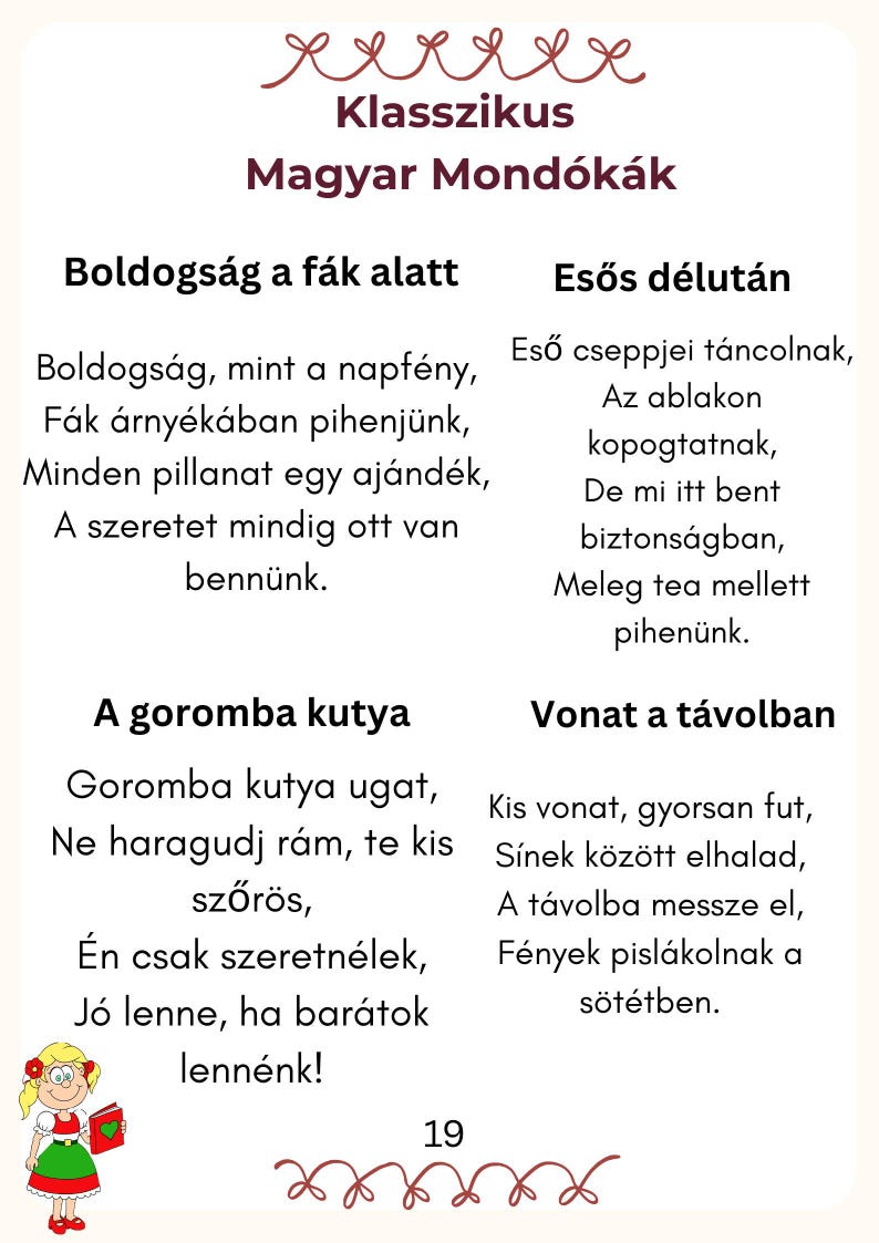 May include: A children's book page with Hungarian poems and illustrations. The text is in black, with titles in a larger font. A cartoon girl with a book is in the lower left corner.