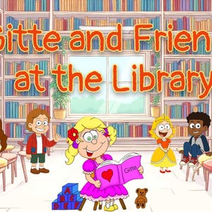 Op de afbeelding: Een kleurrijke cartoon illustratie getiteld "Gitte en vrienden in de bibliotheek". De afbeelding toont kinderen in een bibliotheek, omringd door boekenrekken. Een meisje leest een boek. De tekst in het boek luidt "Gitte".