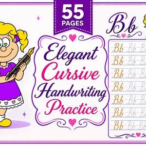 Op de afbeelding: Een 55-pagina tellend werkblad voor cursief handschrift met een stripfiguur met blonde staartjes in een paarse jurk die een vulpen vasthoudt. De tekst luidt Elegant Cursive Handwriting Practice en toont de letter Bb in cursief.