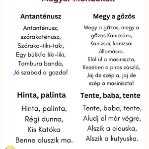 May include: A white card with the title "Klasszikus Magyar Mond&oacute;k&aacute;k" in maroon. The card features Hungarian nursery rhymes in black text, with a small illustration of a girl at the bottom left and the number "2" at the bottom.