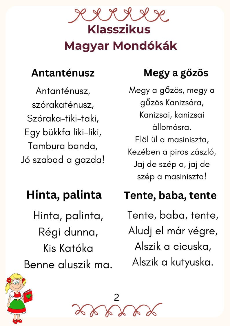 May include: A white card with the title "Klasszikus Magyar Mond&oacute;k&aacute;k" in maroon. The card features Hungarian nursery rhymes in black text, with a small illustration of a girl at the bottom left and the number "2" at the bottom.