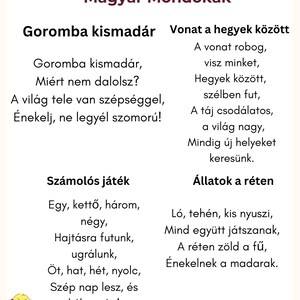 May include: A white page with Hungarian nursery rhymes and poems. The title "Klasszikus Magyar Mond&oacute;k&aacute;k" is at the top. The page includes poems about a bird, a train, counting, and animals in a meadow.