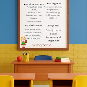 May include: A classroom scene featuring a wooden desk with a red apple, a yellow pencil holder, and a blue chair. A framed poster with Hungarian text hangs on the wall. Yellow and blue walls complete the setting.