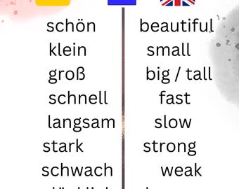 German Adjectives Flashcards: Language Learning Printables (PDF Download A4 Size)