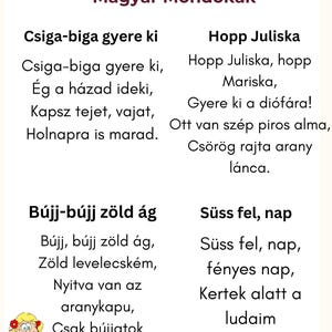 May include: A colorful children's book page with Hungarian nursery rhymes. The text is in black, with a decorative red border and a cartoon illustration of a girl holding a book. The title is "Klasszikus Magyar Mond&oacute;k&aacute;k".
