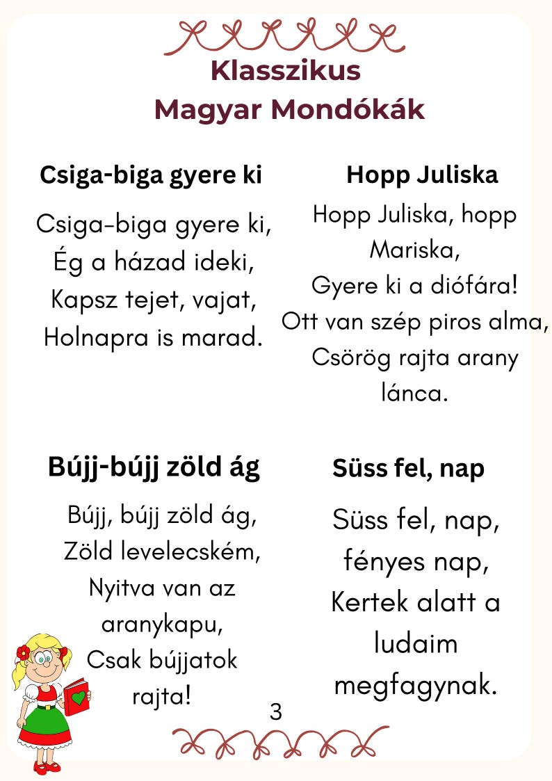 May include: A colorful children's book page with Hungarian nursery rhymes. The text is in black, with a decorative red border and a cartoon illustration of a girl holding a book. The title is "Klasszikus Magyar Mond&oacute;k&aacute;k".