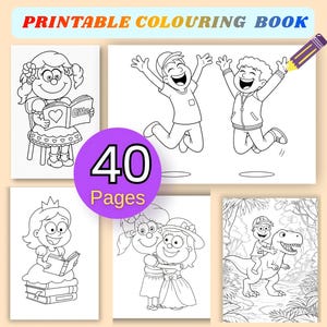 Op de afbeelding: Een afdrukbaar kleurboek met de tekst "PRINTABLE COLOURING BOOK" bovenaan. Het boek bevat 40 pagina's met zwart-wit illustraties van kinderen en dieren. Een paarse cirkel met het nummer 40 en het woord "Pages" staat in het midden.