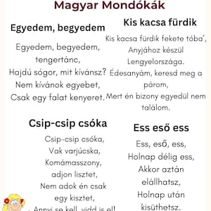 May include: A white card with Hungarian text and illustrations. The title "Klasszikus Magyar Mond&oacute;k&aacute;k" is at the top. The card features children's rhymes and a cartoon illustration of a girl.
