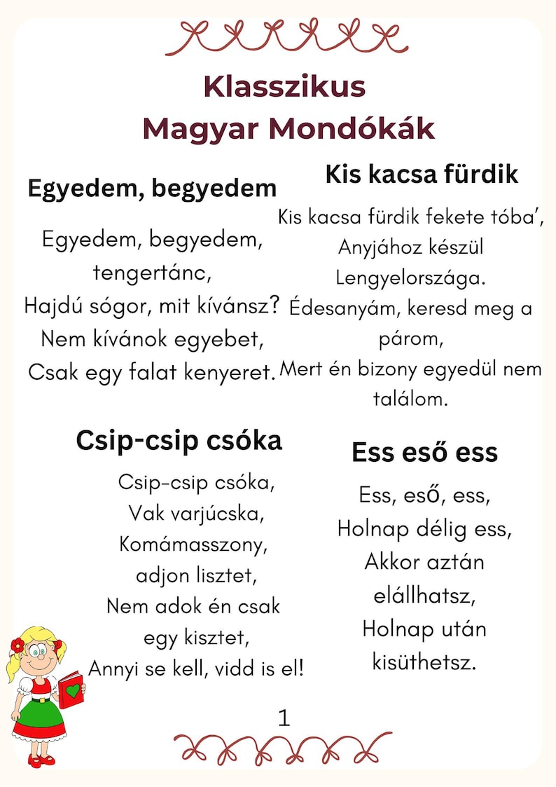 May include: A white card with Hungarian text and illustrations. The title "Klasszikus Magyar Mond&oacute;k&aacute;k" is at the top. The card features children's rhymes and a cartoon illustration of a girl.