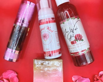 Rose Yoni Wellness Kit & Feminine Intimpflege Bundle | Enthält Kräuteröl, Waschgel, Seifenstück, Schaumwäsche