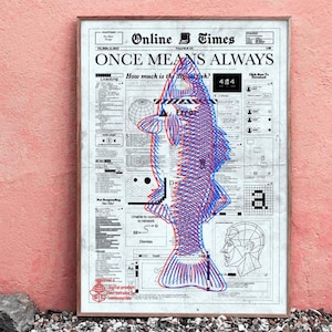 The digital fish, Fish in newspaper, Vintage newspaper, Digital download, Printable poster, Digital print, Creative wall art, Wall decoration