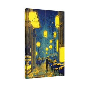 Lamplit Street Cafe, French Cafe in Early Evening, French Cafe Art Print, Canvas Stretched, 1.5&#39;&#39;