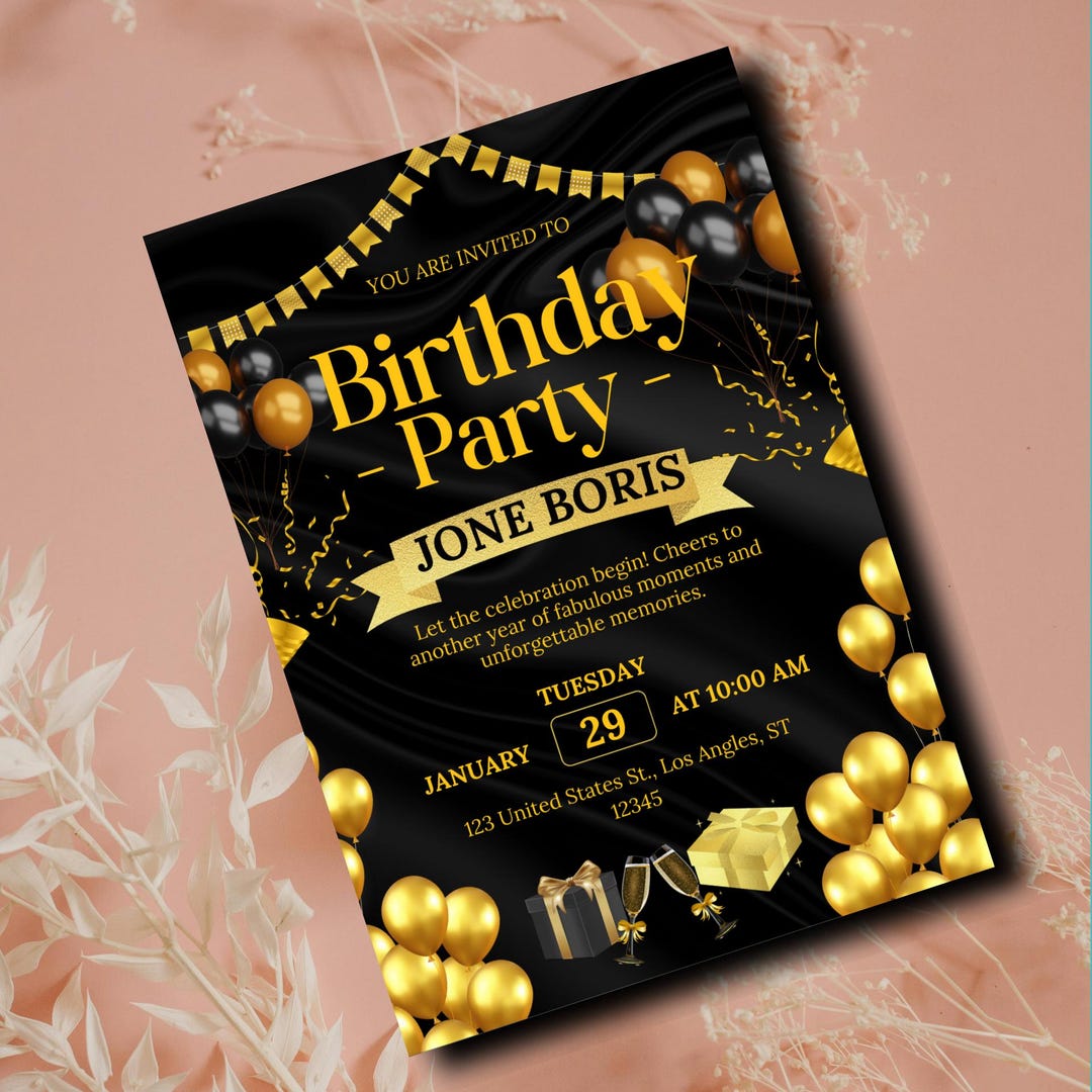 Luxury Black & Gold Birthday Invitation Template | Elegant Digital ...