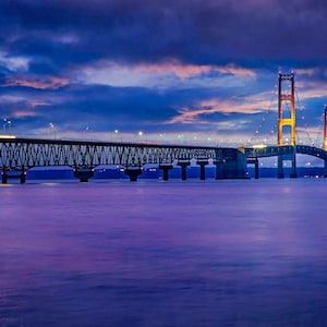 Mackinac Bridge Sunset Sky Blue Canvas Print Glossy Print Livingroom Office Wall Art Poster Decor Night Great Lakes Michigan Night