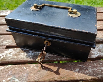 Vintage Cash Tin Box Black with Insert and Key.