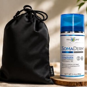 May include: A black drawstring pouch with a small side tag and a white cylindrical bottle of SomaDerm transdermal gel. The bottle features a blue cap, the New U Life logo, and text stating 3.4oz (96g) net weight and homeopathic somatropin.