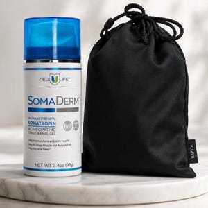 May include: A white cylindrical bottle of SomaDerm homeopathic transdermal gel with a blue cap, labeled 3.4oz (96g), positioned next to a black drawstring pouch with a small black tag labeled HAPIYA on the side of the fabric bag.