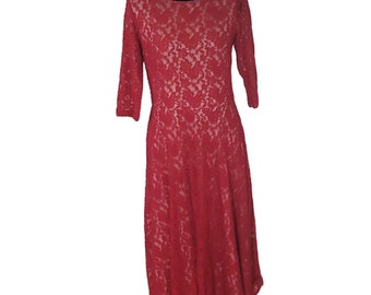 Melrose Women's Red Lace Floral Sheer Embroidery Lined Zip Midi Tea Dress Size 12