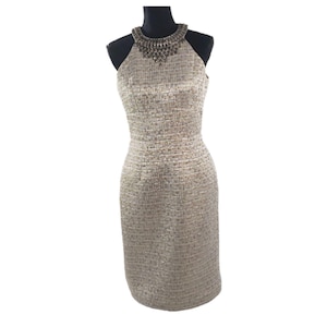 Maggy London Metallic Lame Jeweled Neck Evening Cocktail Sheath Dress Size 6