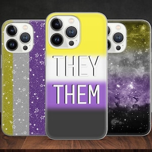 May include: Three phone cases with different designs. The first case has a yellow, white, and purple stripe design with the text "THEY THEM". The second case has a galaxy design with purple, black, and white colors. The third case has a yellow, white, and purple glitter design with stars.